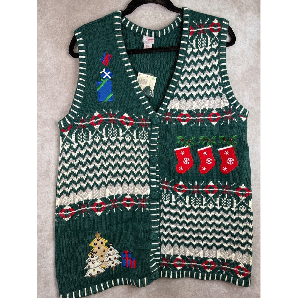 NWT VTG Holiday Editions Sweater Vest Womens XL Green Christmas Fair Isle Sequin